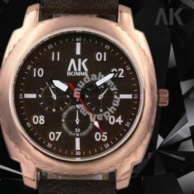 AK HOMME Rose Gold Brown Leather Watch